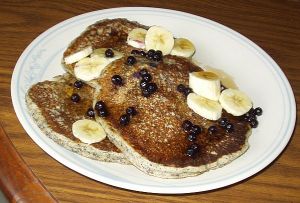 buckwheat buttermilk pancakes with blueberries and banana